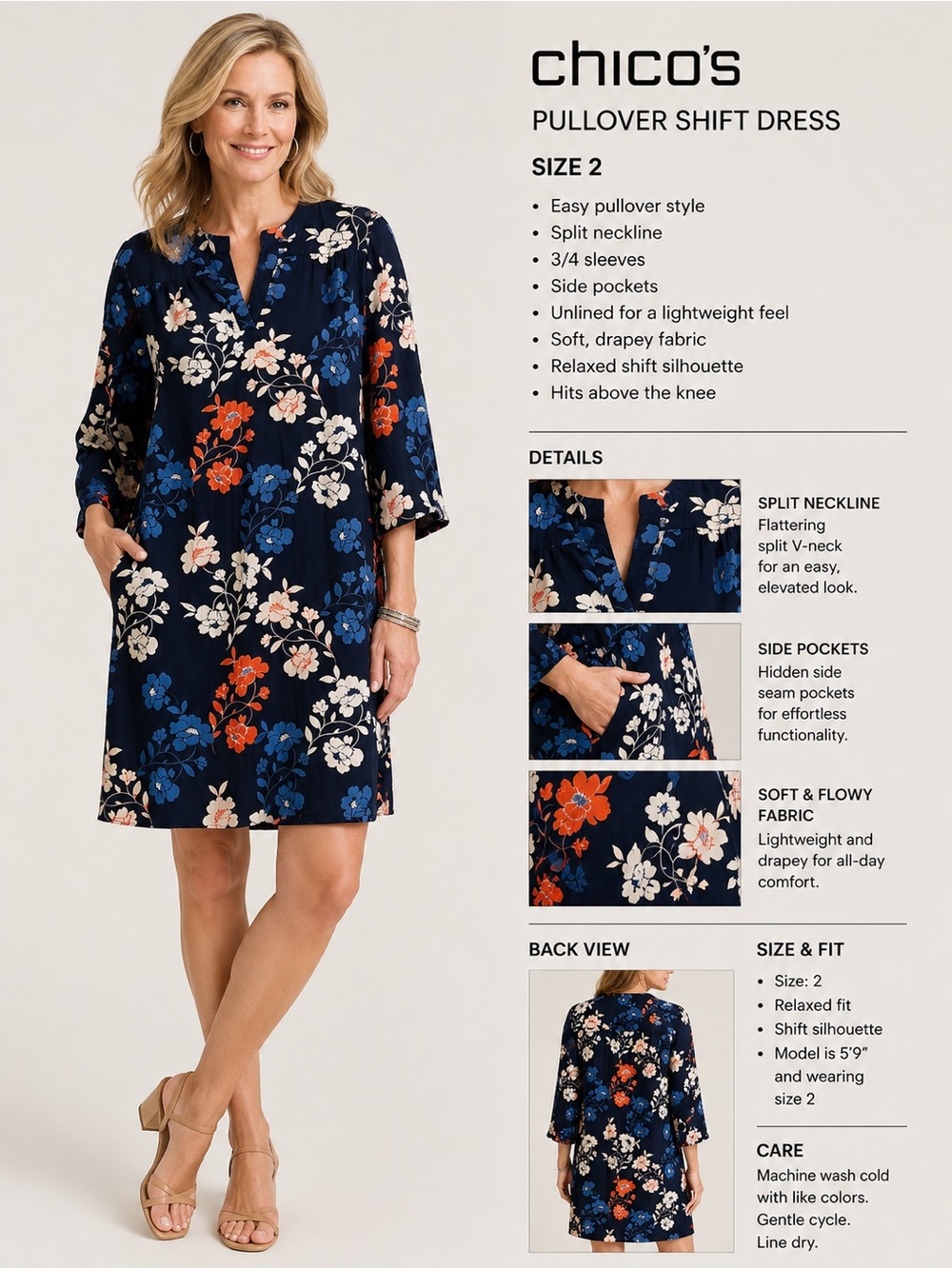 Chico’s Pullover Shift Dress - Size 2